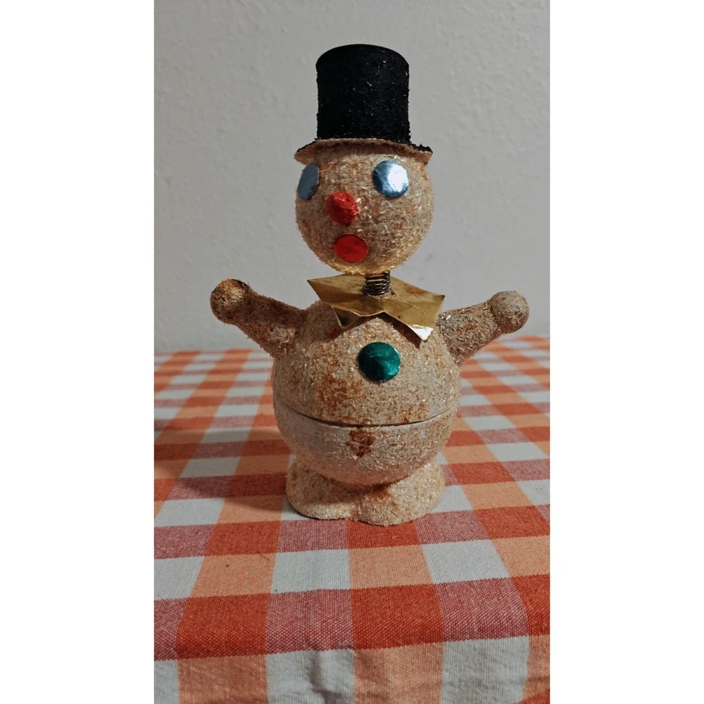 VINTAGE Paper Mache‎ Snowman West GERMANY Candy Holder cardboard mica 1930s